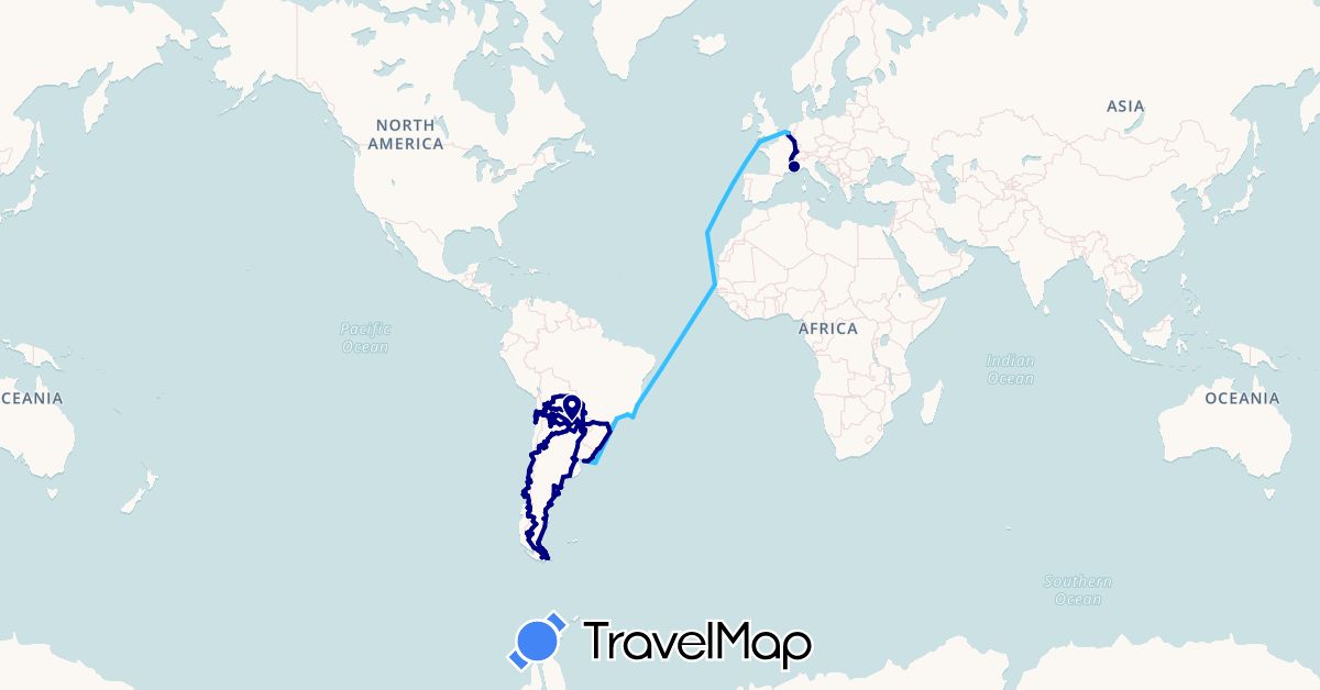 TravelMap itinerary: driving, boat in Argentina, Belgium, Bolivia, Brazil, Chile, France, Luxembourg, Netherlands, Paraguay, Senegal, Uruguay (Africa, Europe, South America)